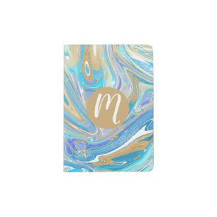 Pearlescent Aqua & Gold Liquid Marble & Monogram Passport Holder