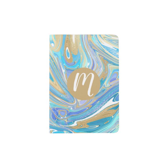 Pearlescent Aqua & Gold Liquid Marble & Monogram Passport Holder (Front)