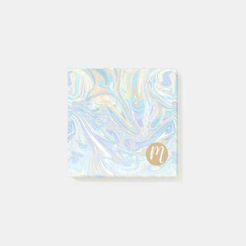 Pearlescent Aqua  Gold Liquid Marble  Monogram Post_it Notes