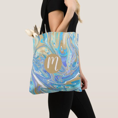 Pearlescent Aqua  Gold Liquid Marble Monogram Tote Bag