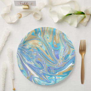 Pearlescent Aqua & Gold Liquid Marble Paper Plates