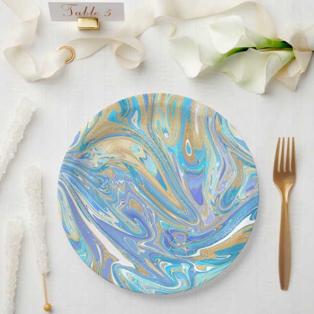 Pearlescent Aqua & Gold Liquid Marble Paper Plates (Wedding)