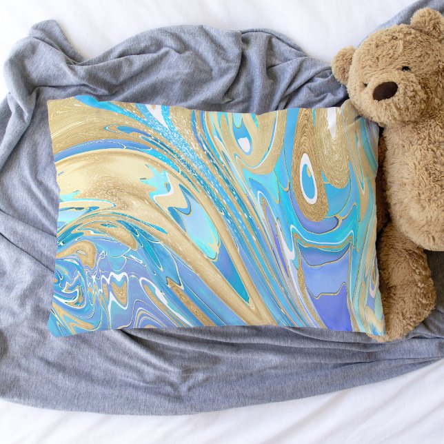 Pearlescent Aqua & Gold Liquid Marble Pillow Case (Aqua & Gold Marble Paint Pour Pillow Case)