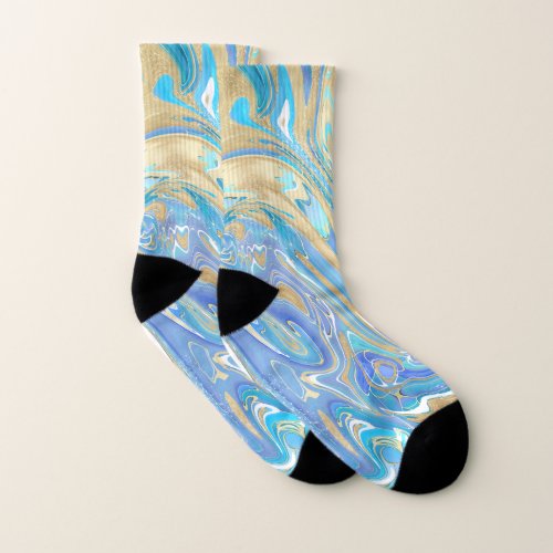 Pearlescent Aqua  Gold Liquid Marble Socks