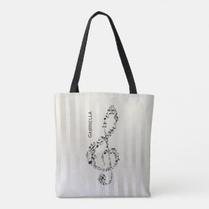 Pearlesque Stripes Black Treble Clef Music Notes Tote Bag