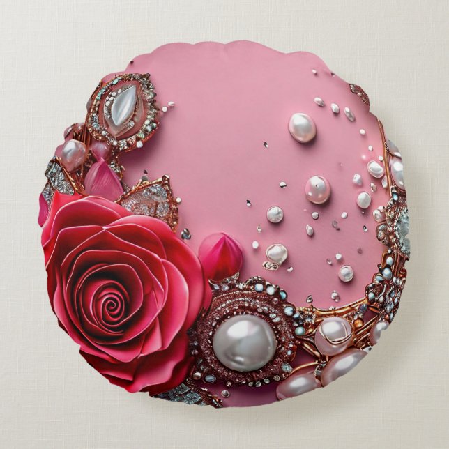 Pearls and a Detailed Red Rose Round Pillow (Front)