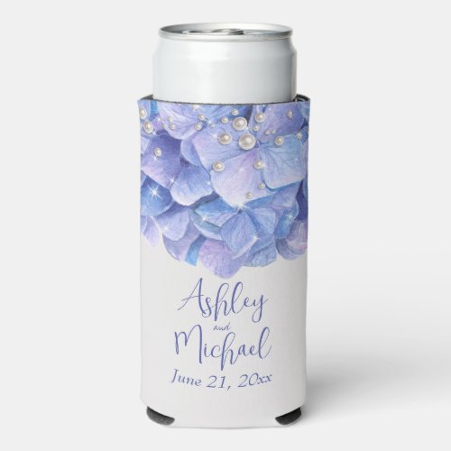 Pearls and Blue Hydrangea Wedding Guests Gifts Seltzer Can Cooler