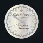 Pearls and Diamonds 30th Wedding Anniversary Round Clock<br><div class="desc">Opulent elegance frames this 30th wedding anniversary design in a unique scalloped diamond design with center teardrop diamond and pearl accents in lieu of numbers and faux added sparkles on a white gold-tone gradient. Please note that all embellishments are printed and are only made to appear as real as possible...</div>