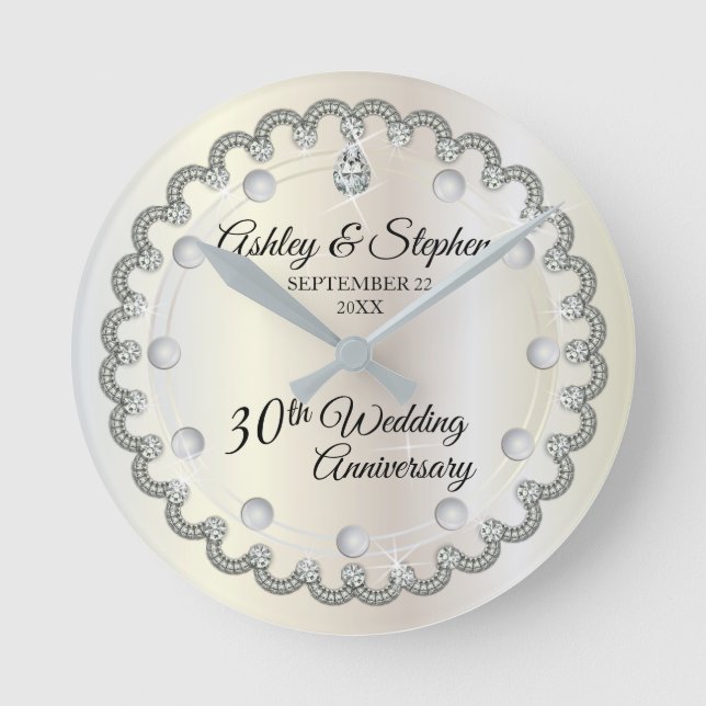 Pearls and Diamonds 30th Wedding Anniversary Round Clock (Front)