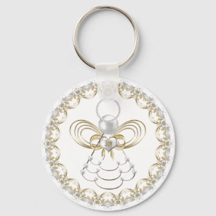 Pearls and Gold Filigree Christmas Angel of Joy Keychain