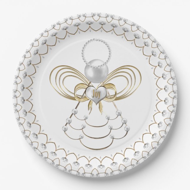 Pearls and Gold - Metallic Christmas Angel of Joy Paper Plates (Front)