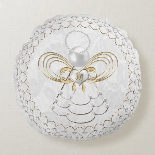 Pearls and Gold _ Metallic Christmas Angel of Joy Round Pillow
