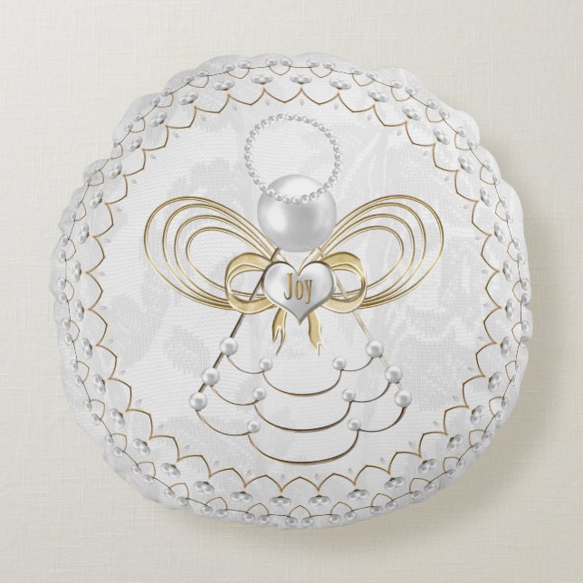 Pearls and Gold - Metallic Christmas Angel of Joy Round Pillow (Front)
