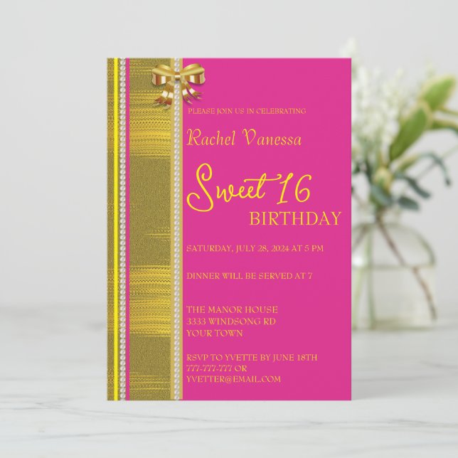 Pearls and Gold Sweet 16 Invitation (Standing Front)
