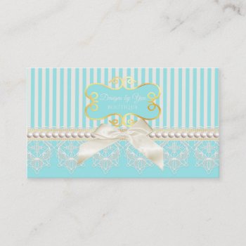 Pearls And Lace Aqua Stripes Cream Bow Boutique Business Card by GirlyBusinessCards at Zazzle