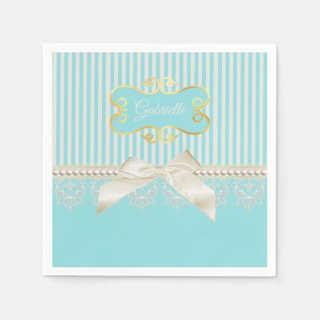 Pearls and Lace Aqua Stripes Cream Bow With Name Napkins (Front)