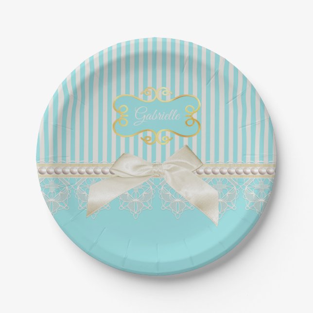 Pearls and Lace Aqua Stripes Cream Bow With Name Paper Plates (Front)