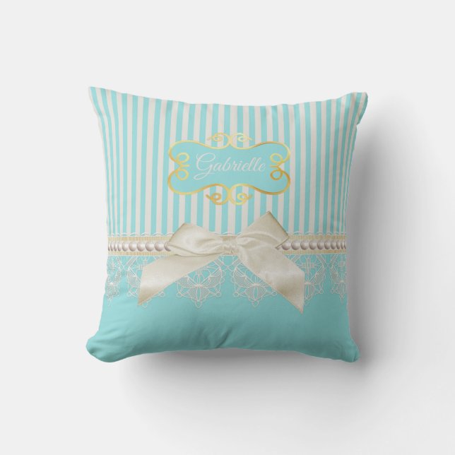 Pearls and Lace Aqua Stripes Cream Bow With Name Throw Pillow (Front)