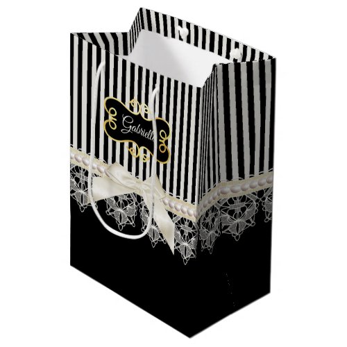 Pearls and Lace Black Stripes Cream Bow Gold Name Medium Gift Bag
