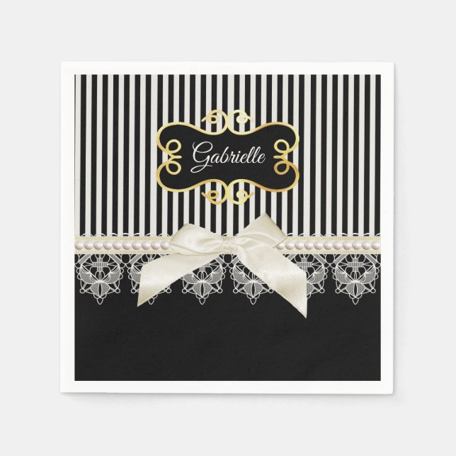 Pearls and Lace Black Stripes Cream Bow Gold Name Napkins (Front)