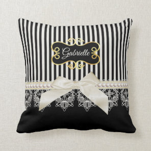 Pearls and Lace Black Stripes Cream Bow Gold Name Throw Pillow