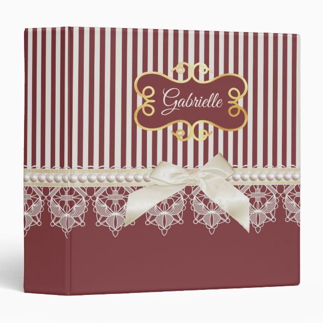 Pearls and Lace Deep Red Stripes Bow and Name 3 Ring Binder (Front/Spine)