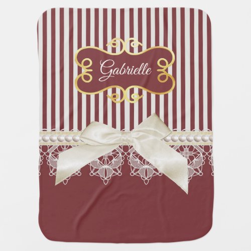 Pearls and Lace Deep Red Stripes Bow and Name Baby Blanket