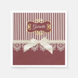 Pearls and Lace Deep Red Stripes Bow and Name Napkins