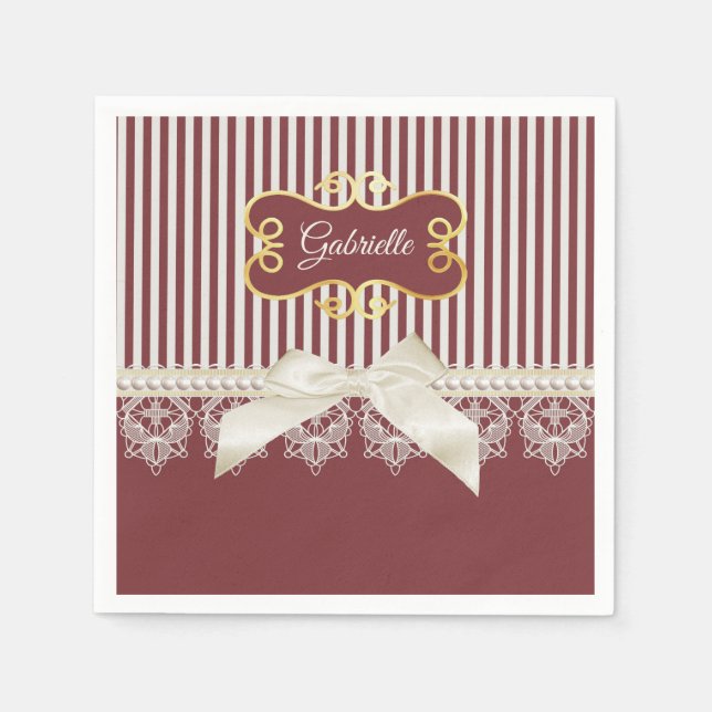 Pearls and Lace Deep Red Stripes Bow and Name Napkins (Front)