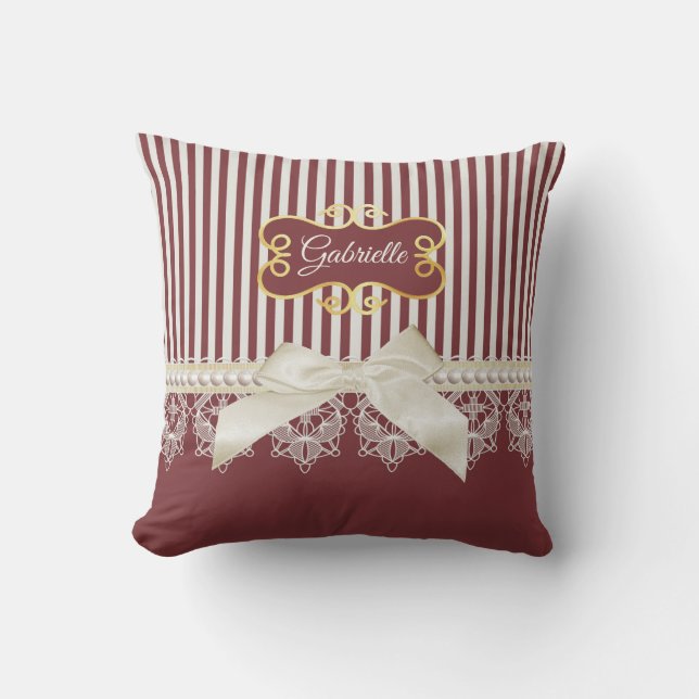Pearls and Lace Deep Red Stripes Bow and Name Throw Pillow (Front)