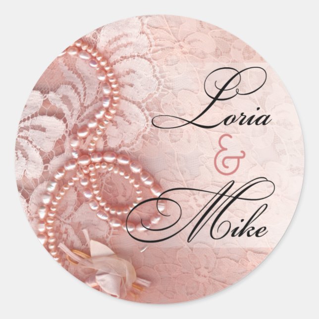 Pearls and Lace Favor | peony pink Classic Round Sticker (Front)