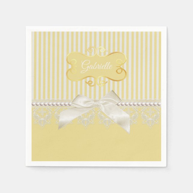 Pearls and Lace Gold Stripes Ivory Bow With Name Napkins (Front)