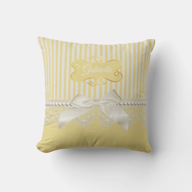 Pearls and Lace Gold Stripes Ivory Bow With Name Throw Pillow (Front)