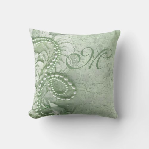 Pearls and Lace Monogram  mint green Throw Pillow