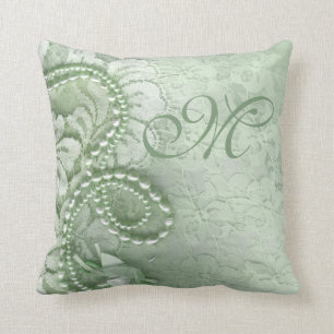 Pearls and Lace Monogram mint green Throw Pillow