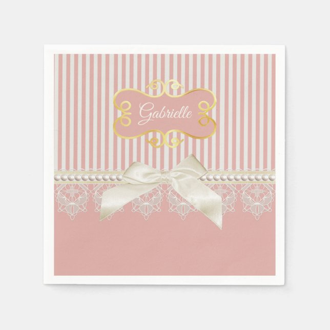 Pearls and Lace Pink Stripes Cream Bow and Name Napkins (Front)