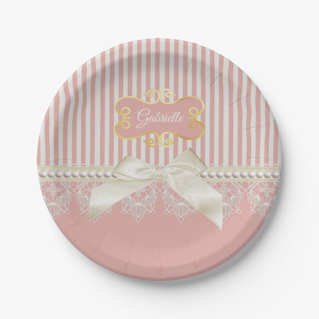 Pearls and Lace Pink Stripes Cream Bow and Name Paper Plates (Front)
