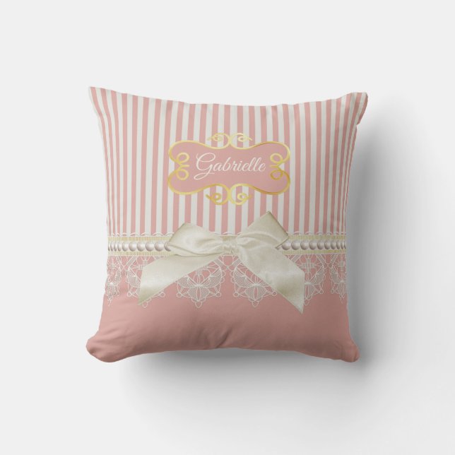 Pearls and Lace Pink Stripes Cream Bow and Name Throw Pillow (Front)