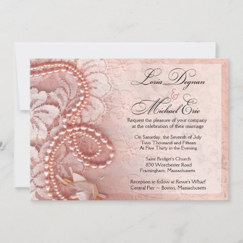 Pearls and Lace Wedding  peony pink Invitation