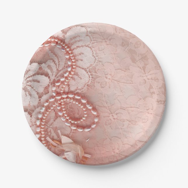 Pearls and Lace Wedding | peony pink Paper Plates (Front)