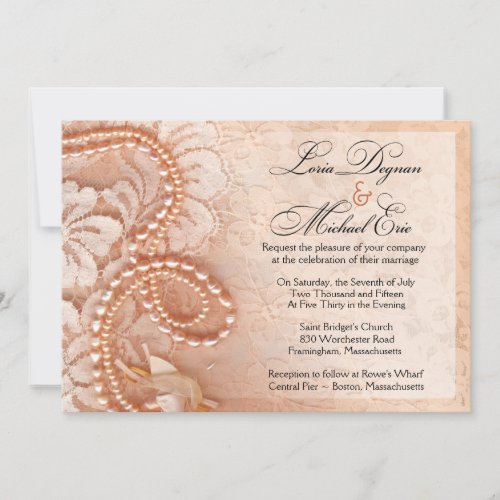 Pearls and Lace Wedding  perfect peach Invitation