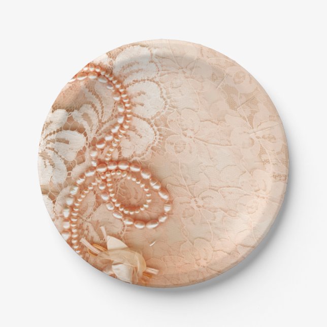 Pearls and Lace Wedding | perfect peach Paper Plates (Front)