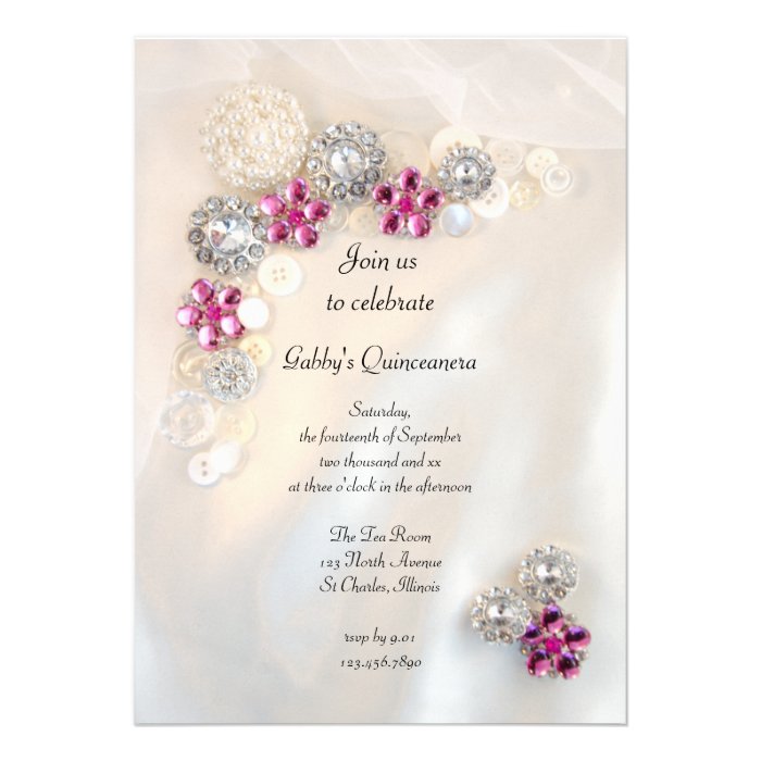 Pearls and Pink Diamond Buttons Quinceañera Party Custom Invitation