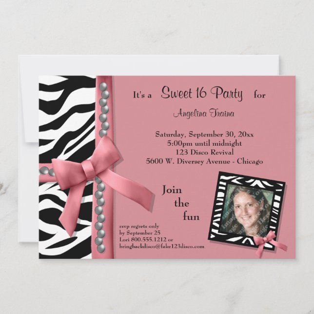 Pearls and Pink With Zebra Stripes Party Invite (Front)