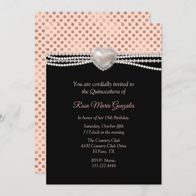 Pearls and Polka Dots Quinceañera  Invitation (Front/Back)