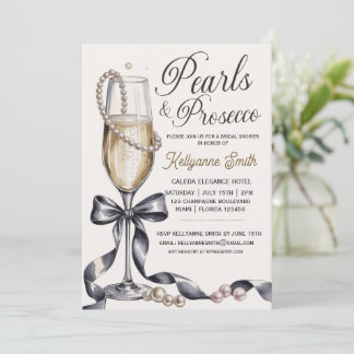 Pearls and Prosecco Black Bow Bridal Shower  Invitation