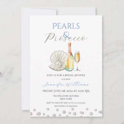 Pearls and Prosecco Blue Bridal Shower Invitation