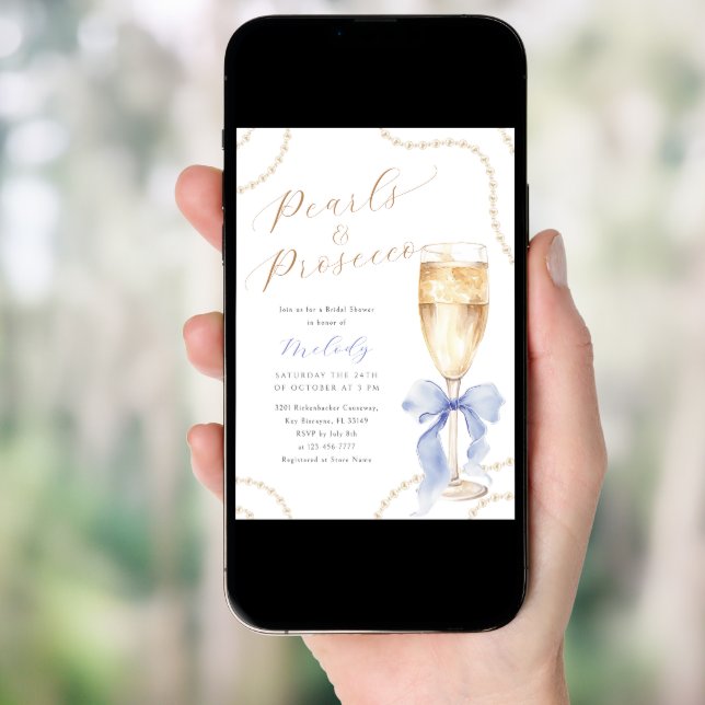 Pearls and Prosecco Blue Bridal Shower Invitation (Front Digital)
