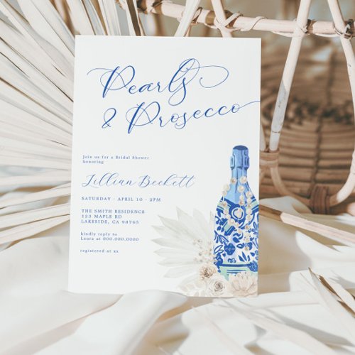 Pearls and Prosecco Blue Script Bridal Shower Invitation