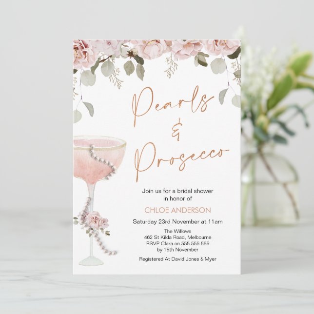 Pearls and Prosecco Blush Floral Bridal Shower  Invitation (Standing Front)